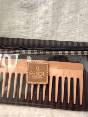 Fendi Brown Wooden Pocket Comb with Leather Logo zipper bag and pouch